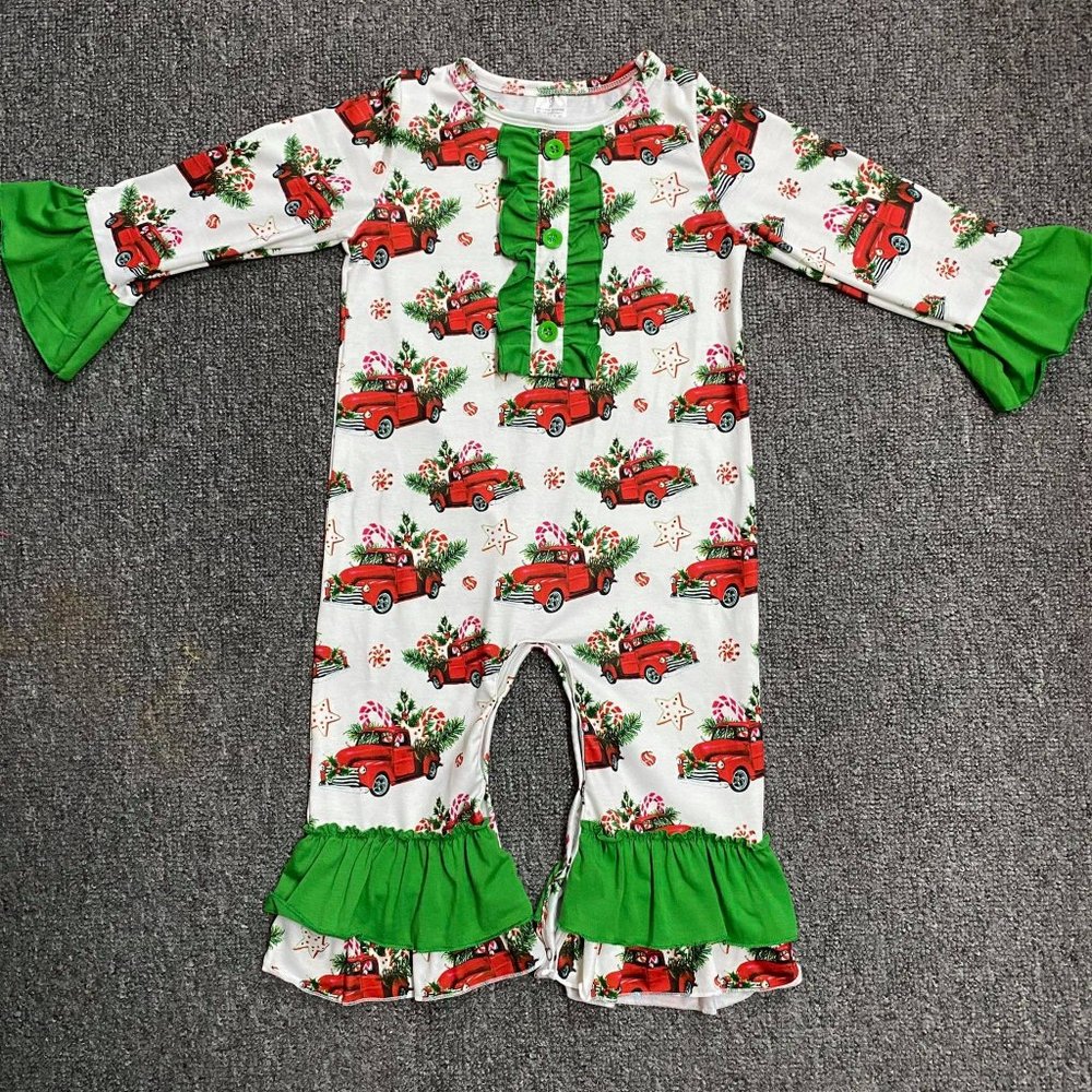 CHRISTMAS TRUCK RUFFLED ROMPER